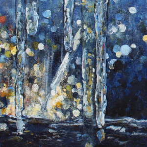 Predominantly blue abstract painting of a windowsill with icicles hanging in front of it. There are bokeh lights in the background.