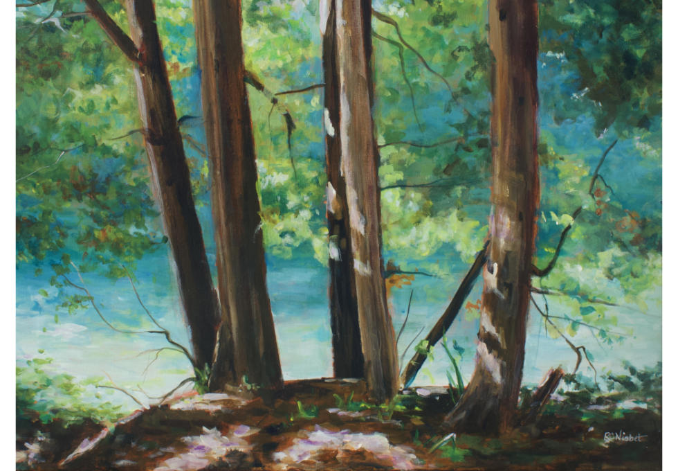 A stand of trees in the foreground with bright turquoise and blue highlights on a river flowing gently by in the background.