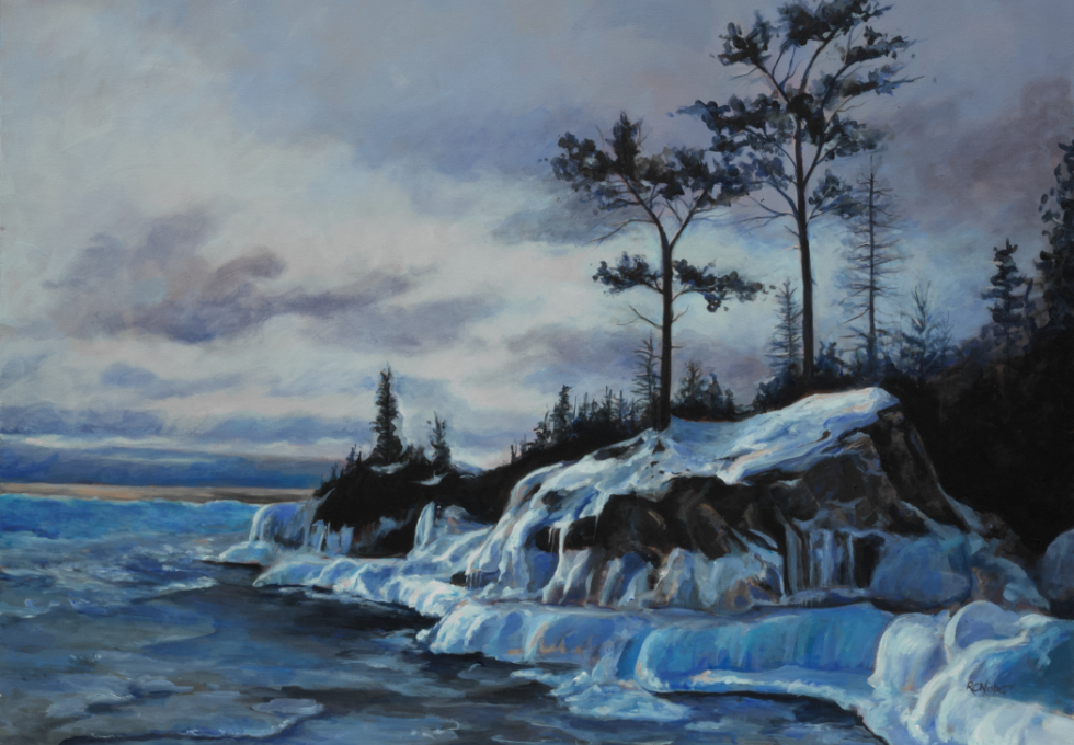 Winter scene of rocky shore with some trees at sunset. The time is dusk when the light is low but not quite dark yet.