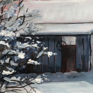 Wiinter scene of a large shed. There are fields in the background and a tree in the right foreground. The colours are soft-blue grey with undertones of pink